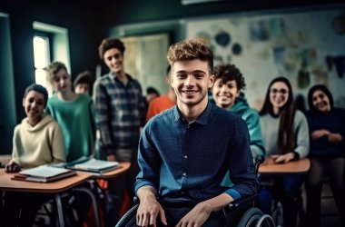 Jugendlicher im Rollstahl in der Schule mit seinen Mitschülern.