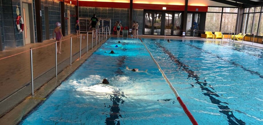 Ein Hallenbad in dem mehrere Personen schwimmen. 