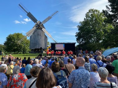 Eine Open-Air-Veranstaltung. Auf einer Bühne vor einer historischen Windmühle führen Kinder einen Tanz auf. Davor stehen viele Menschen im Publikum.