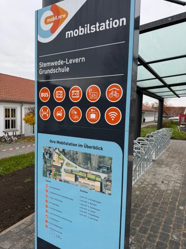 Ein Hinweisschild, auf dem die verschiedenen Elemente der Mobilstation erklärt werden. Außerdem ist auf dem Schild eine Karte des Areals abgebildet.